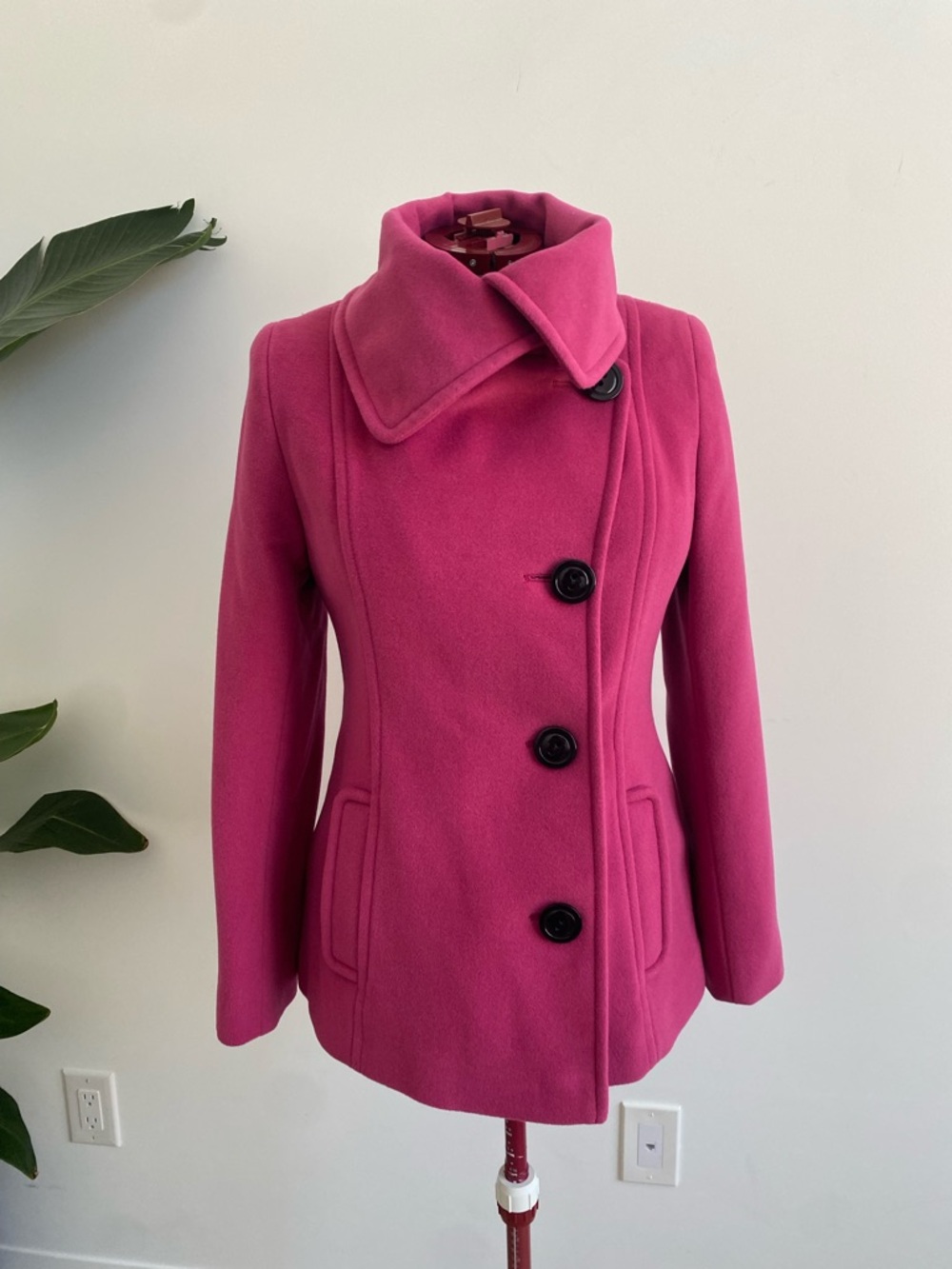 Women's Fuchsia Wool-Blend Pea Coat with Asymmetrical High Collar